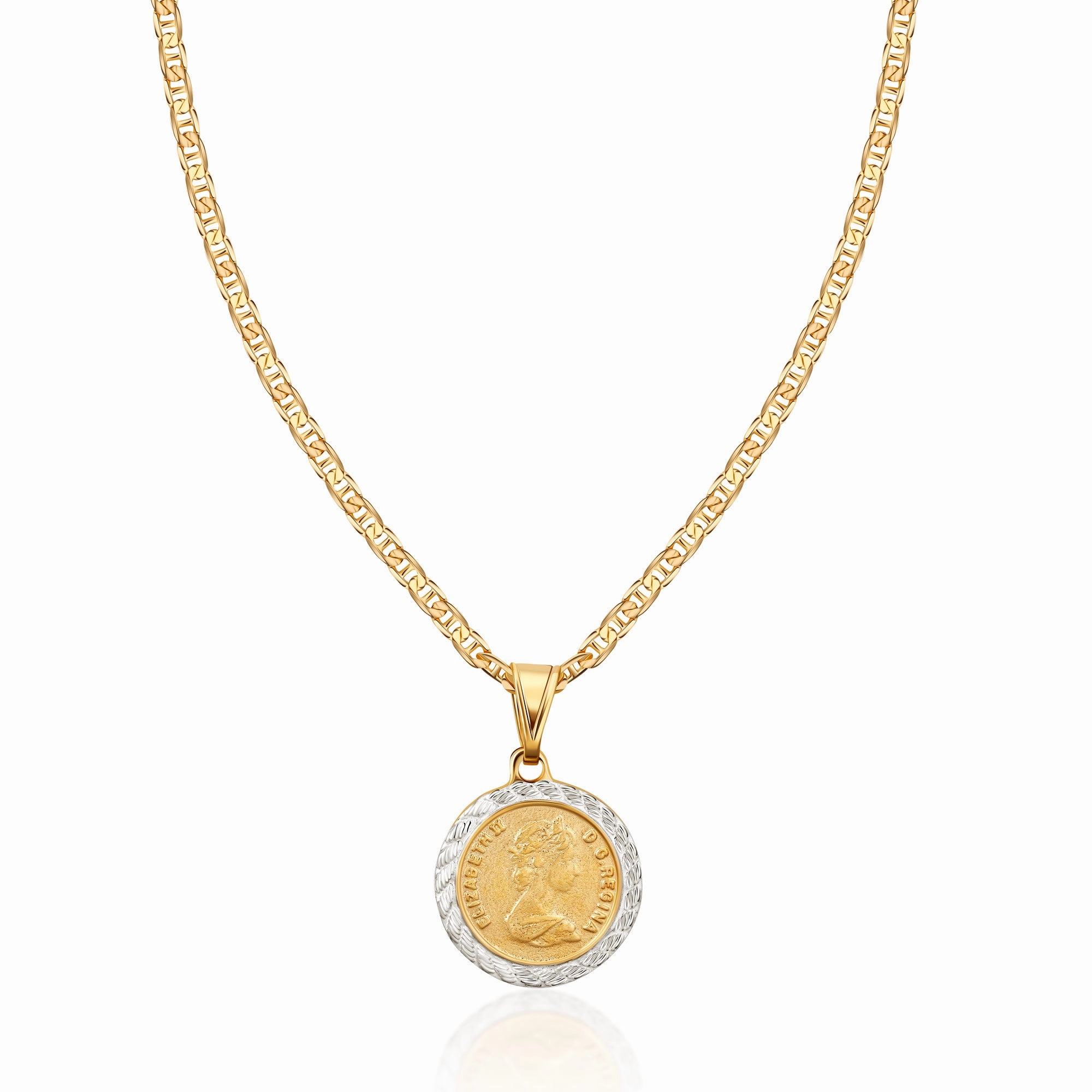 18K Gold Plated 2 Tone Coin Pendant Necklace Polished Highlight Classic Lady