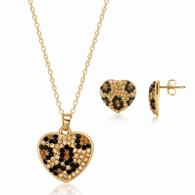 18K Gold Plated Leopard Heart Earring & Necklace Set with Austrian Crystals 18 Inches with 2 Inch Extension For College