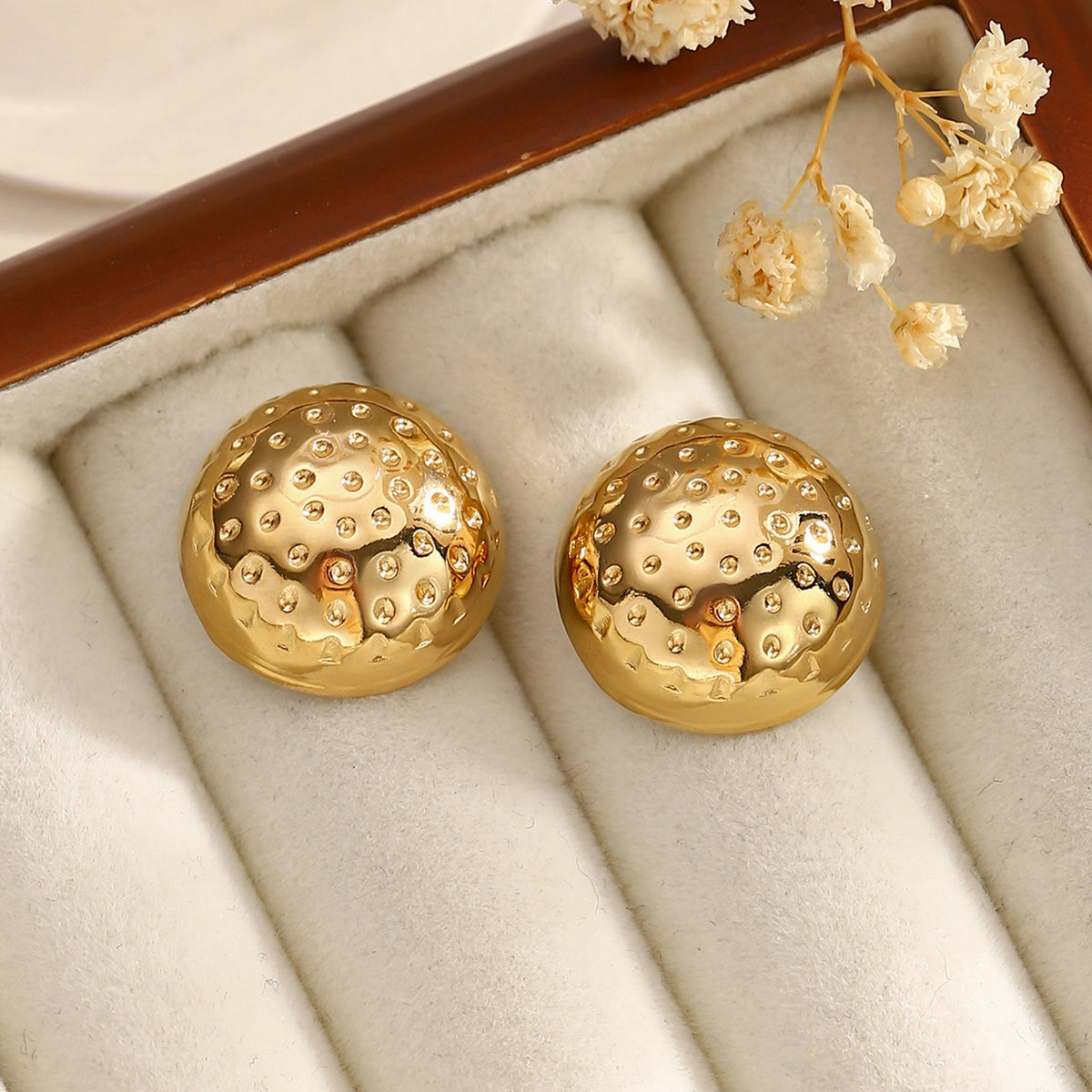 Abstract Accent 18K Gold Plated Stainless Steel Dotted Pattern Round Shape Stud Earring