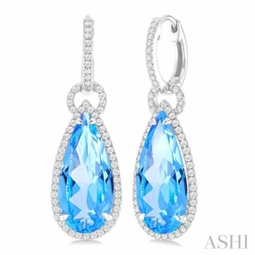 18X8 MM Pear Cut Blue Topaz and 5/8 Ctw Round Cut Diamond Halo Semi-Precious Earrings in 14K White Gold Fresh Highlight Flawless Finish