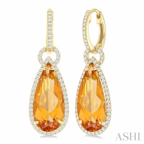 18X8 MM Pear Cut Citrine and 5/8 Ctw Round Cut Diamond Halo Semi-Precious Earrings in 14K Yellow Gold Crisp Lines