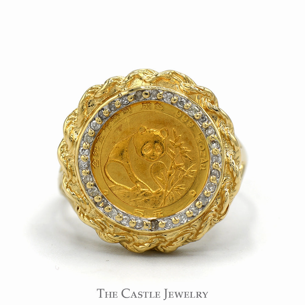 1988 Panda Coin Ring with Diamond Halo in 10k Yellow Gold Rope Designed Bezel Setting Amazing Gift