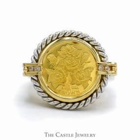 1996 Gibraltar 1/25 Crown Rose Design Coin Ring with Rope Bezel and Diamond Accents in 14k Yellow Gold Minimalist Art