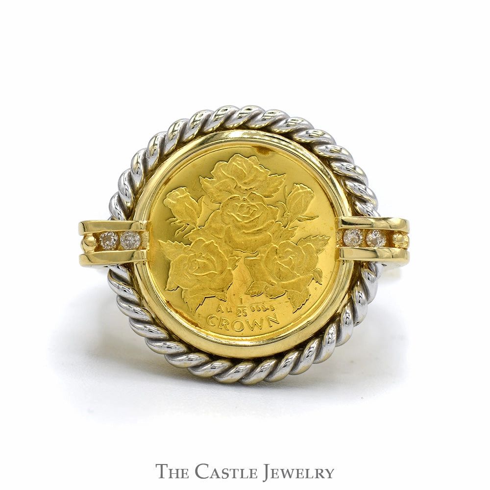 1996 Gibraltar 1/25 Crown Rose Design Coin Ring with Rope Bezel and Diamond Accents in 14k Yellow Gold Minimalist Art
