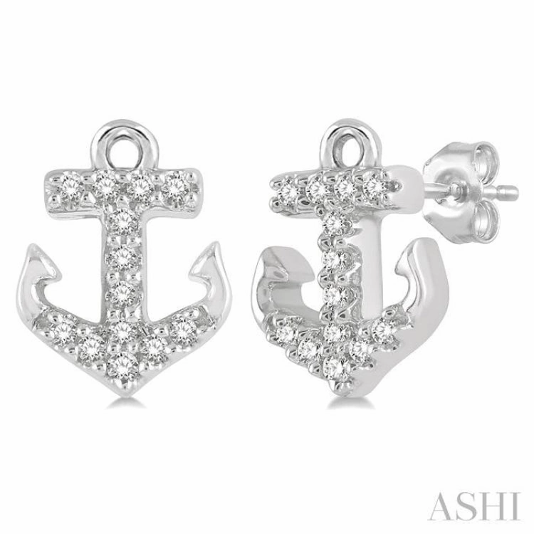 Simple Style 1/10 ctw Anchor Round Cut Diamond Petite Fashion Earring in 10K White Gold