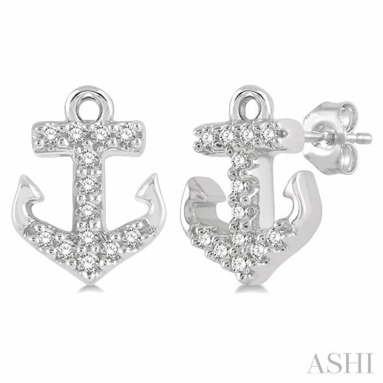 1/10 ctw Anchor Round Cut Diamond Petite Fashion Earring in 14K White Gold Stylish charm