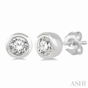 Wedding Gift 1/10 Ctw Bezel Round Cut Diamond Petite Stud Earring in 10K White Gold