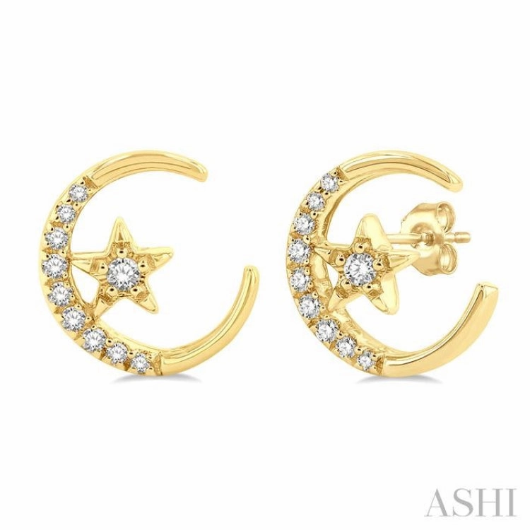 1/10 Ctw Crescent Moon and Star Round Cut Petite Diamond Fashion Stud Earring in 10K Yellow Gold Modern Touch