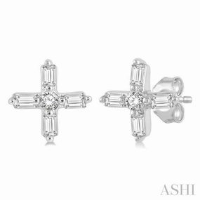 1/10 Ctw Greek Cross Baguette and Round Cut Diamond Petite Earring in 10K White Gold Feminine Touch Luxury Tone