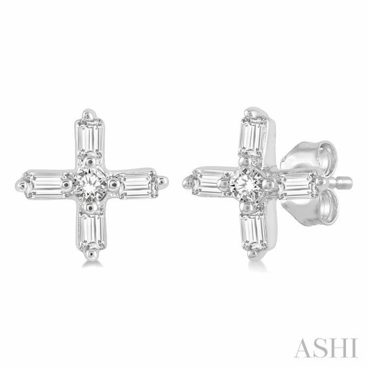 1/10 Ctw Greek Cross Baguette and Round Cut Diamond Petite Earring in 10K White Gold Feminine Touch Luxury Tone