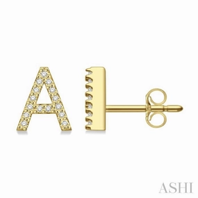 Shiny Accent 1/10 Ctw Initial 'A' Round Cut Diamond Earrings in 10K Yellow Gold