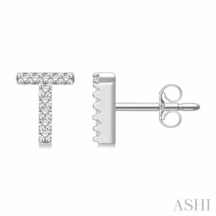 1/10 Ctw Initial 'T' Round Cut Diamond Earrings in 10K White Gold Finest Craft Modern Edge