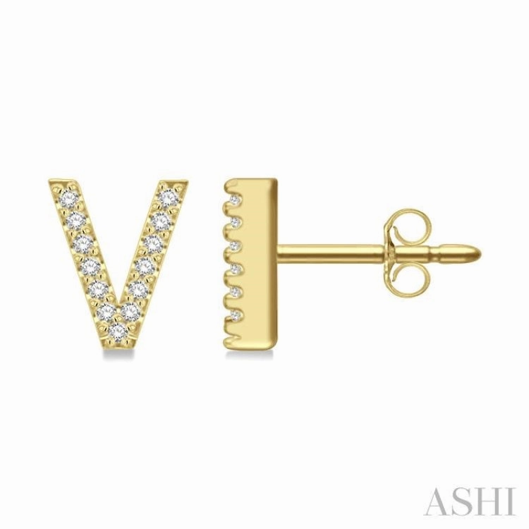 Creative Form Mixed Metals 1/10 Ctw Initial 'V' Round Cut Diamond Earrings in 10K Yellow Gold