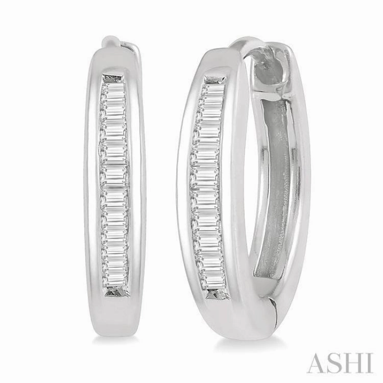 Shine Factor Fashion Mood 1/10 Ctw Inlay Petite Baguette Diamond Huggie Earrings in 10K White Gold