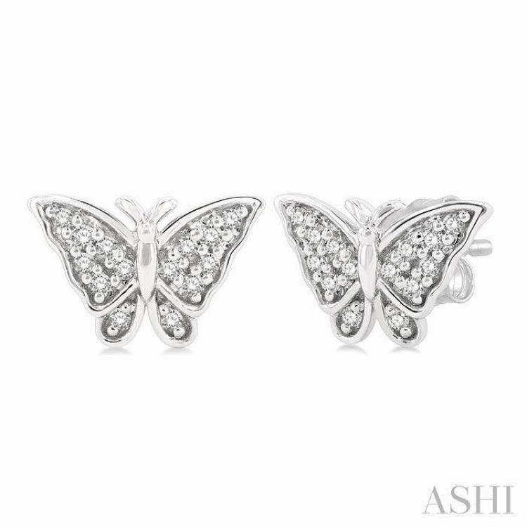 1/10 Ctw Petite Butterfly Round Cut Diamond Fashion Stud Earring in 10K White Gold Stylish Element Soft Lighting