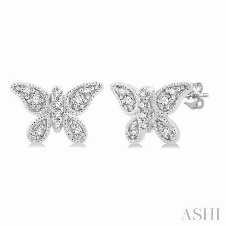 Glamour Accent 1/10 ctw Petite Milgrain Butterfly Round Cut Diamond Fashion Stud Earring in 10K White Gold