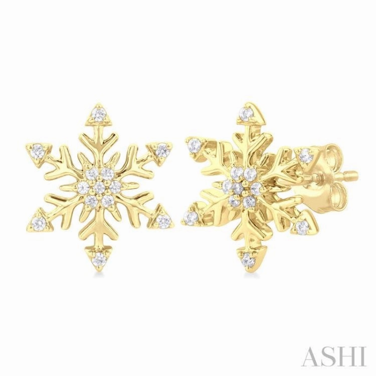Soft Shadow 1/10 Ctw Petite Snowflake Round Cut Diamond Halo Fashion Stud Earring in 10K Yellow Gold