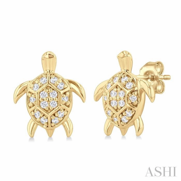 1/10 Ctw Petite Turtle Round Cut Diamond Fashion Stud Earring in 10K Yellow Gold Graceful Piece Refined Style