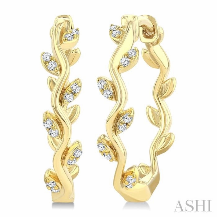 Subtle Mood 1/10 Ctw Single Cut Diamond Leaf Design Lightweight Hoop Earrings in 10K Yellow Gold