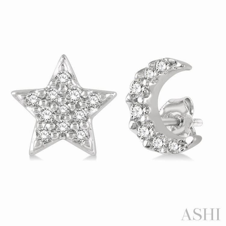 Luxury Form Opulent Look 1/10 Ctw Star & Crescent Mix Round Cut Diamond Petite Fashion Earring in 10K White Gold