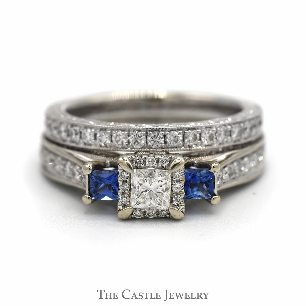 Hypoallergenic Piece 1.15cttw Princess Cut Diamond Neil Lane Designer Bridal Set with Sapphire Accents and Matching Band in 14k White Gold