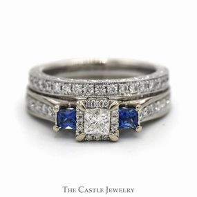 Hypoallergenic Piece 1.15cttw Princess Cut Diamond Neil Lane Designer Bridal Set with Sapphire Accents and Matching Band in 14k White Gold