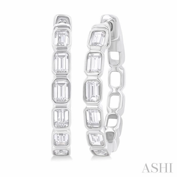 1 1/10 Ctw Bezel Set Emerald Cut Diamond Fashion Hoop Earring in 14K White Gold Premium Radiance