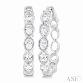 Fresh Statement 1 1/10 Ctw Bezel Set Oval Cut Diamond Fashion Hoop Earring in 14K White Gold