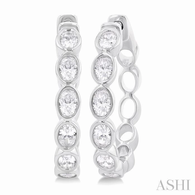 Fresh Statement 1 1/10 Ctw Bezel Set Oval Cut Diamond Fashion Hoop Earring in 14K White Gold