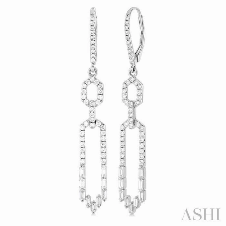 Classic Duo 1 1/5 Ctw Paperclip Baguette and Single Cut Diamond Long Fashion Earrings in 14K White Gold