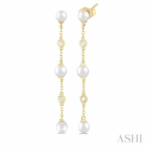 1/20 Ctw Cultured Pearls 4MM and Round Cut Diamond Station Long Earring in 14K Yellow Gold Playful Spark