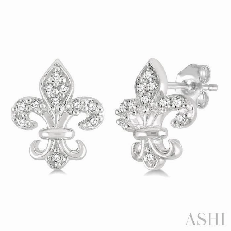 1/20 Ctw Fleur De Lis Round Cut Diamond Petite Earring in 10K White Gold Gift Appeal