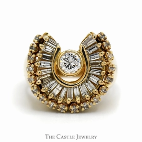 1.25cttw Baguette and Round Diamond Horseshoe Ring in 14k Yellow Gold Seasonal Spark