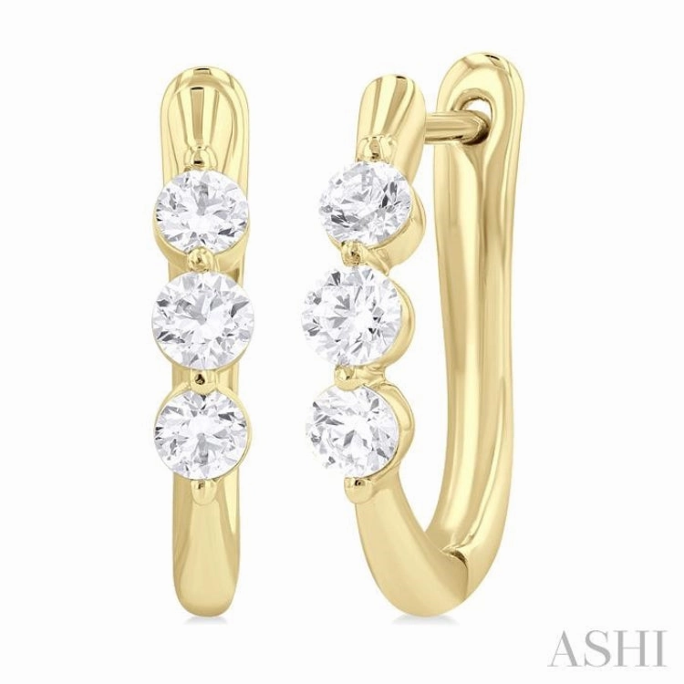 Elegant Layer 1/2 ctw 3-Stone Round Cut Diamond Fashion Hoop Earring in 14K Yellow Gold