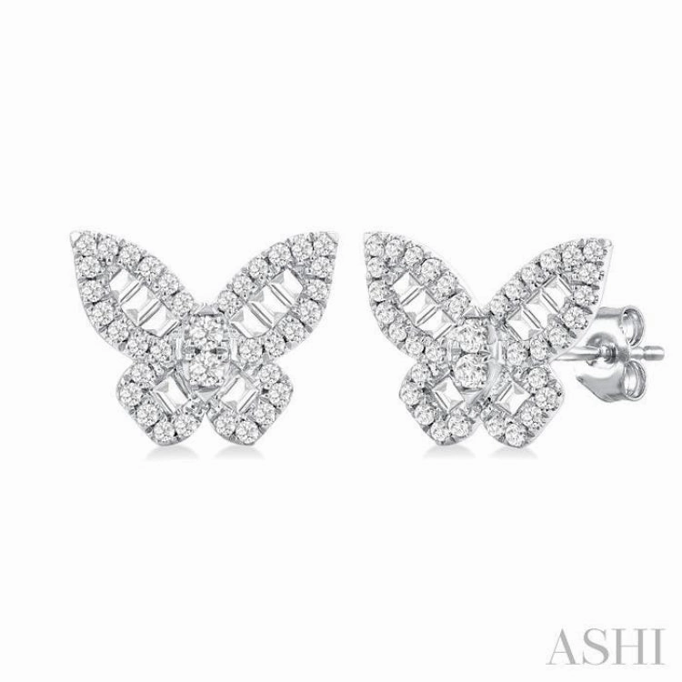 1/2 Ctw Baguette and Round Cut Diamond Butterfly Petite Fashion Stud Earring in 14K White Gold Trendy Form