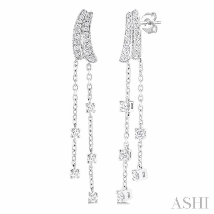 Charming Sparkle 1/2 Ctw Curved Twin Pod Round Cut Diamond Chain Dangler Long Earring in 10K White Gold