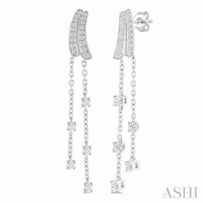 Charming Sparkle 1/2 Ctw Curved Twin Pod Round Cut Diamond Chain Dangler Long Earring in 10K White Gold