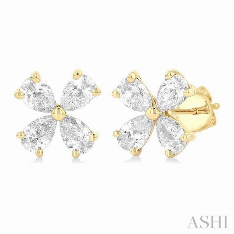 custom design 1/2 Ctw Floral Pear Cut Diamond Stud Earrings in 14K Yellow Gold