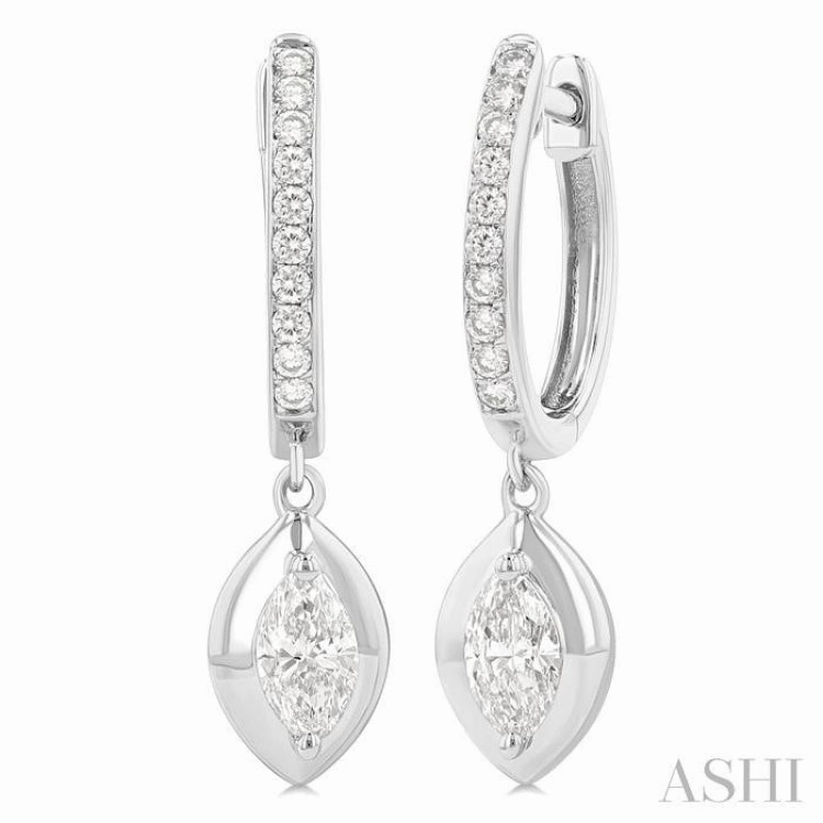 elegant curve Bright Mood 1/2 ctw Marquise Shape Dome Round Cut Diamond Fashion Huggie Earrings in 14K White Gold