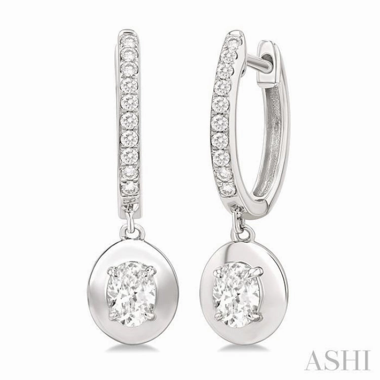 1/2 ctw Oval Shape Dome Round Cut Diamond Fashion Huggie Earrings in 14K White Gold Shiny Pieces