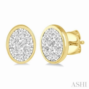 Graceful Sparkle 1/2 Ctw Oval Shape Lovebright Round Cut Diamond Bezel Stud Earring in 14K Yellow and White Gold