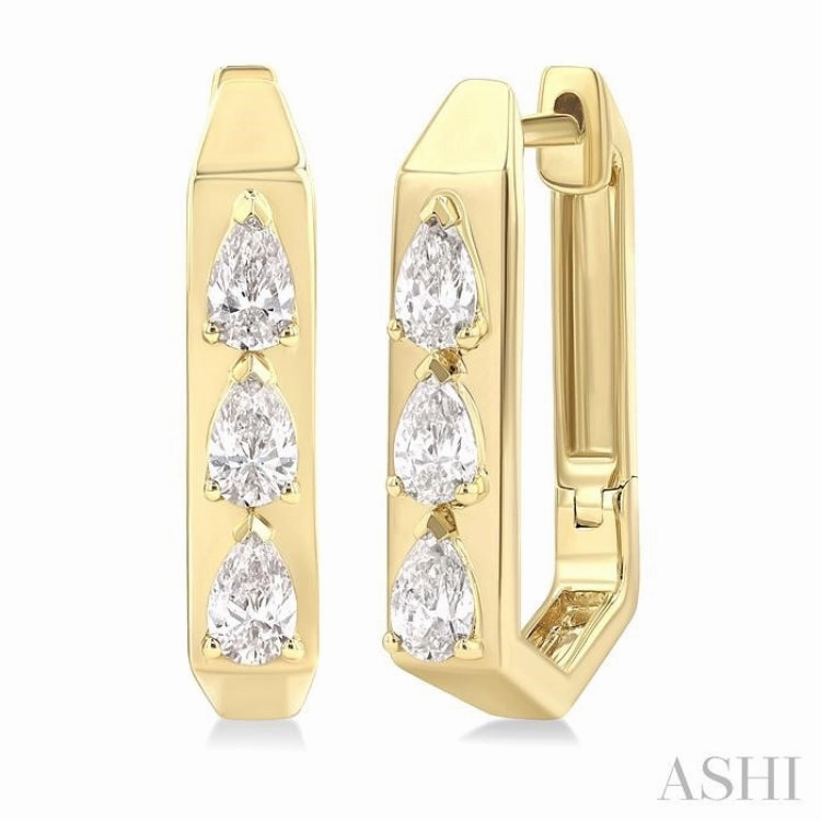 1/2 ctw Pear Cut Diamond Hexagonal Fashion Hoop Earrings in 14K Yellow Gold Elegant Update Mirror Selfie