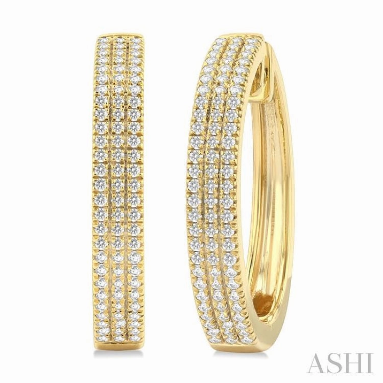 1/2 Ctw Triple Row Pave Set Round Cut Diamond Fashion Hoop Earring in 10K Yellow Gold Stylish Look