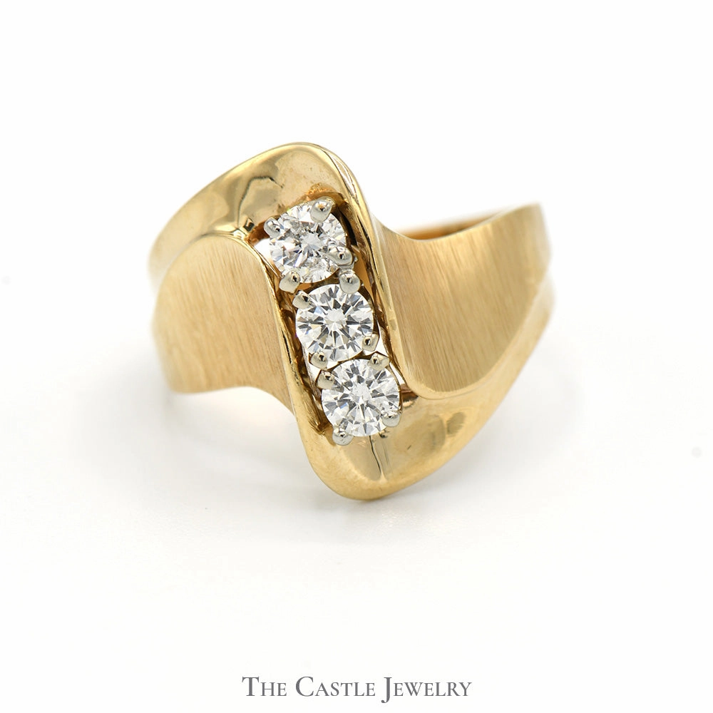Modern Match 1/2cttw 3 Diamond Swirled Bypass Ring with Brushed/Polished Detail in 14k Yellow Gold