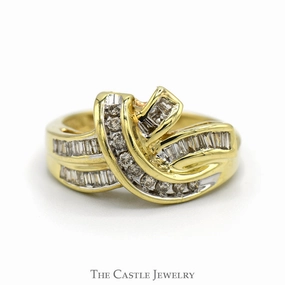1/2cttw Baguette & Round Diamond Swirled Cluster Ring in 10k Yellow Gold Subtle Charm