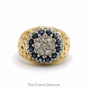 1/2cttw Diamond & Sapphire Kentucky Cluster Ring with Open Filigree Sides in 14k Yellow Gold Sentimental Art