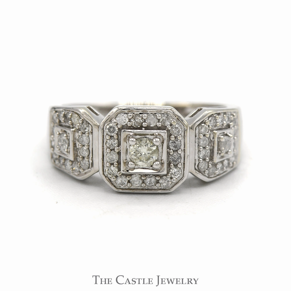 Minimal Motion Quality Assurance 1/2cttw Diamond Band with Square Shaped Triple Diamond Halos in 10k White Gold