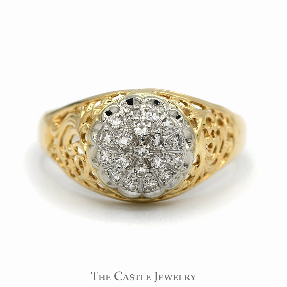 1/2cttw Diamond Kentucky Cluster Ring with Open Filigree Sides in 10k Yellow Gold Premium Work