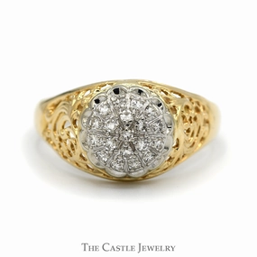 1/2cttw Diamond Kentucky Cluster Ring with Open Filigree Sides in 10k Yellow Gold Premium Work