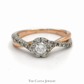 Designer Article Essential Accessory 1/2cttw Diamond Ring with Halo and Accents in 10k Two Tone Rose and White Gold Twisted Setting